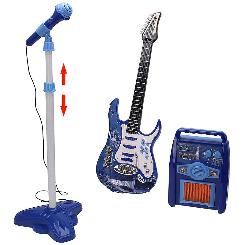3-in-1 Kids Electric Guitar Microphone Amplifier Set, Karaoke Machine with Stand, Rock Star Singing Machine Music Toy for Children (Color: Blue)