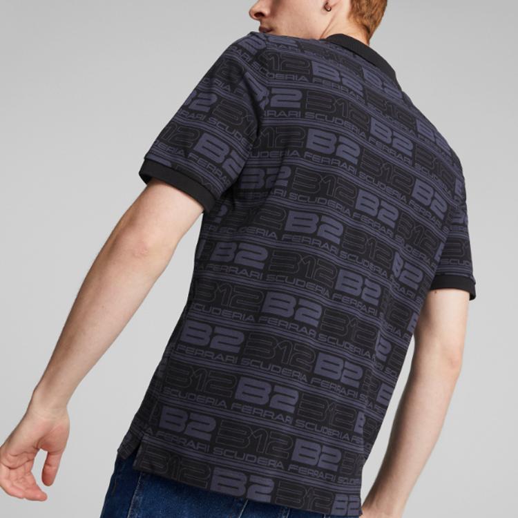 Puma FW22 Seria Wyścigowa Ferrari Cały Nadruk z Logo Koszulka Polo z Krótkim Rękawem Męskie Koszulki Polo Czarna 535844-01