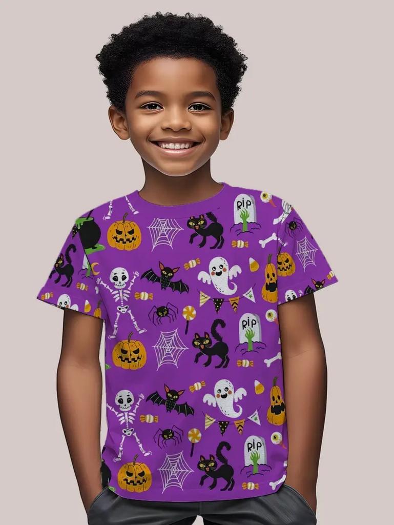 Halloween Kids Clothes Cute Pumpkin Spooky Leaves 3D Print Casual O-Neck Short Sleeve Quick-Dry Boy T-Shirts for Children