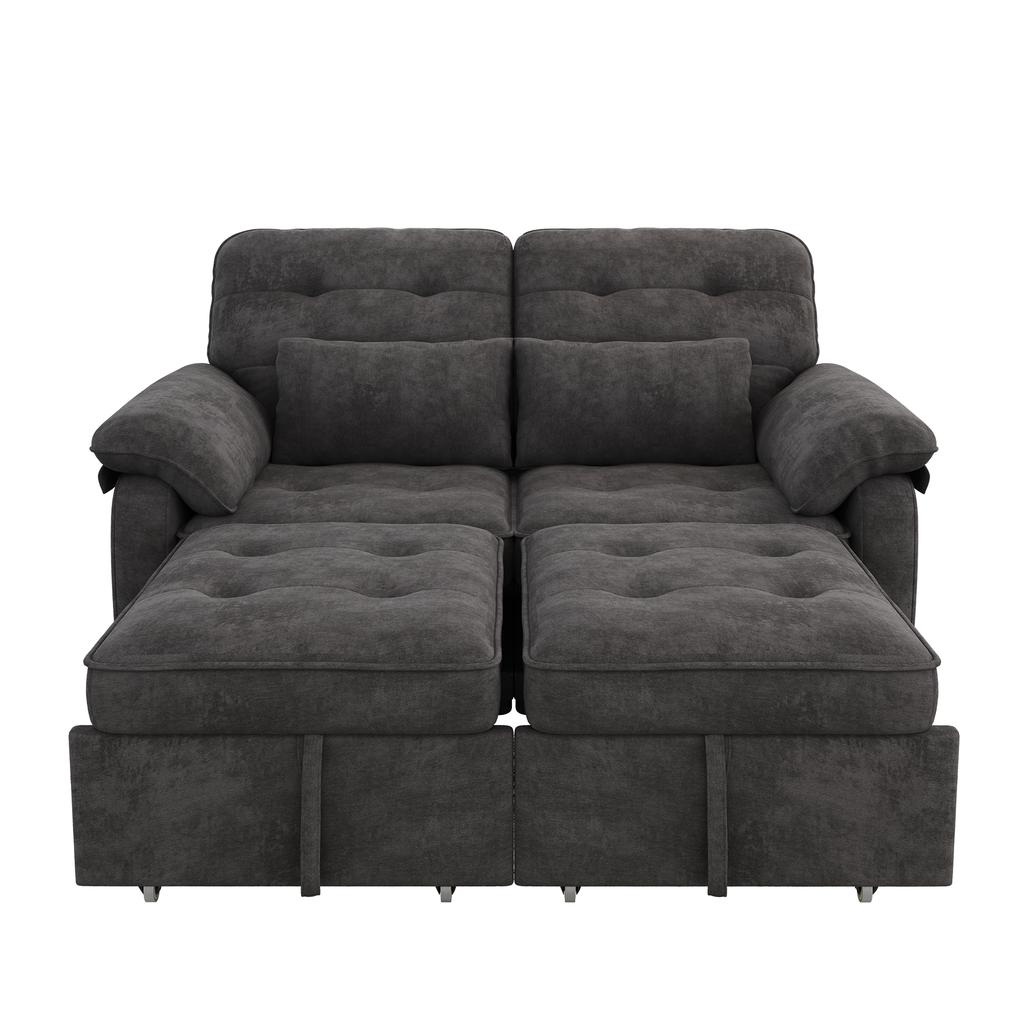 3-in-1 Double Sofa Bed with Adjustable Backrest and Bed Function, Convertible Sofa with USB Charging Port, Chenille Fabric, Grey, Incl. 2 Cushions