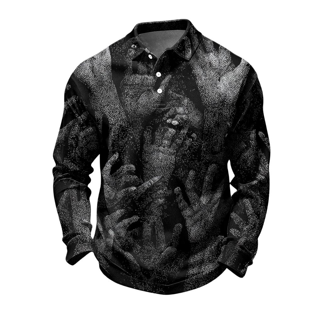 Herren Schnelltrocknendes Mesh Langarm Golfshirt mit Halloween-Print für Freizeitkleidung