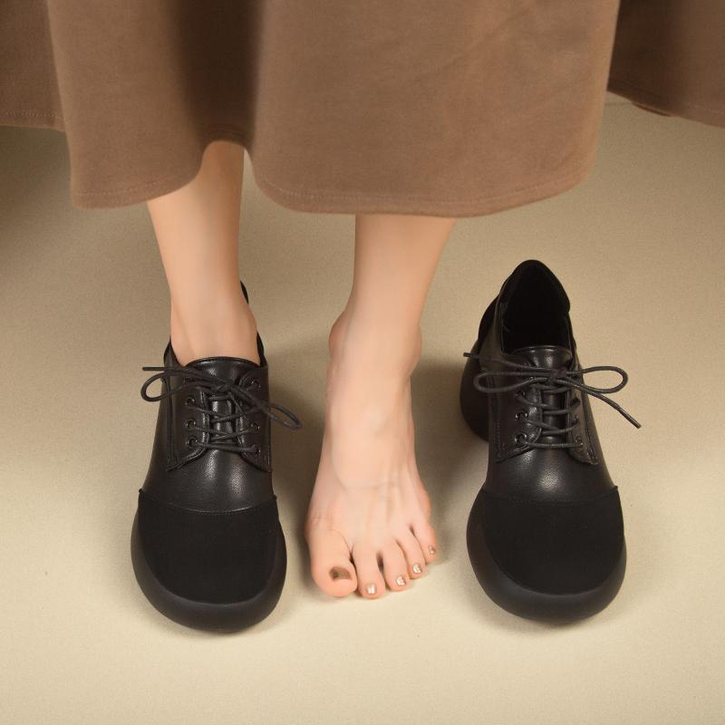 Fashion Women's Fashion Thick Heel Shoes Spring New Round Head Deep Mouth Splicing Front Lacing Thick Sole Mid-heel Shoes