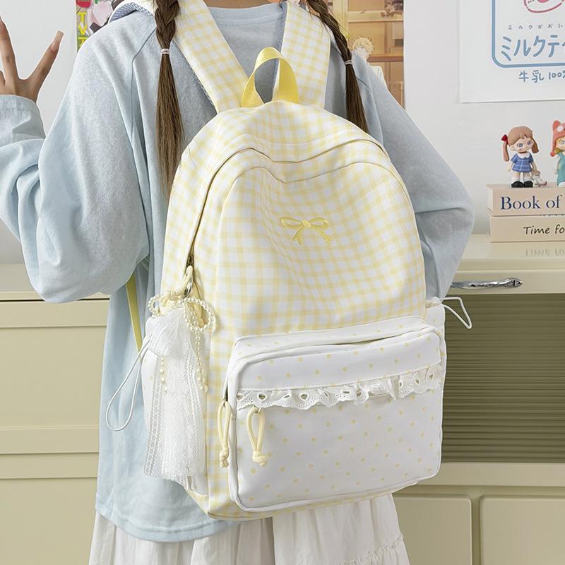 Schoolbag Japanese ins High-value girls backpack Large capacity backpack Lace lace plaid Junior high school student schoolbag