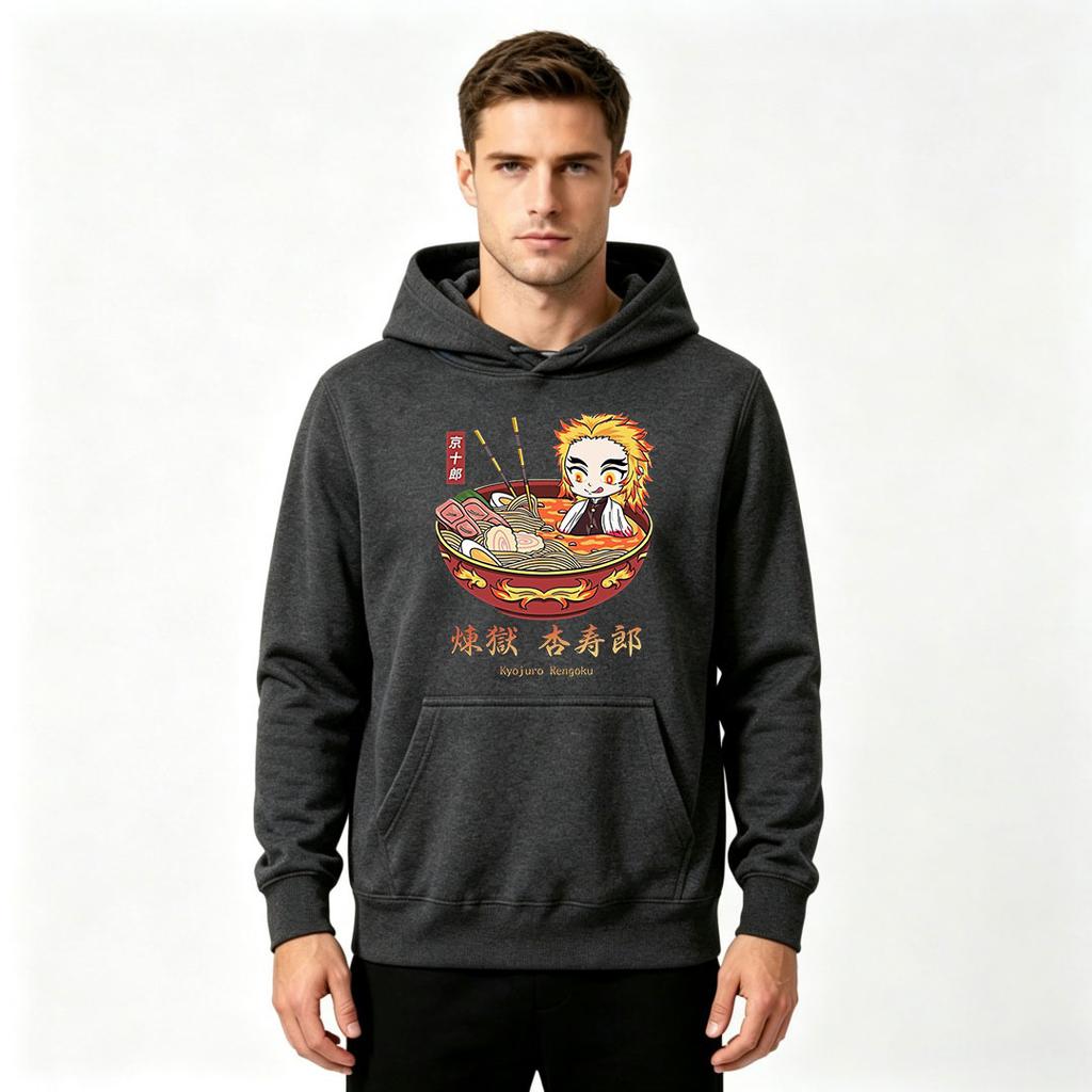 Men's Print Pullover Hoodie, Cute Anime Character Ramen Bowl Pattern Casual Hooded Sweatshirt