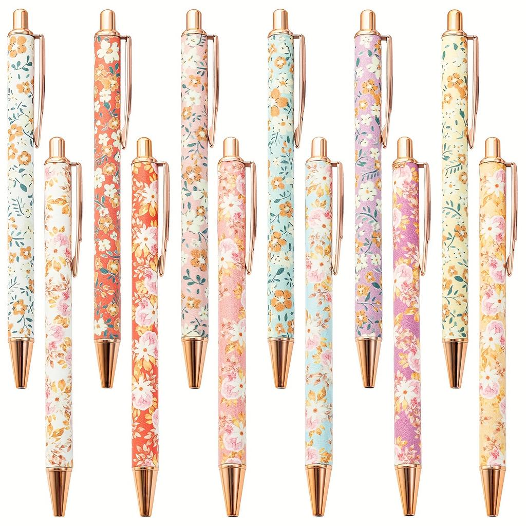 24/12/6pcs Flower Art Pens, Flower Ballpoint Pens, Metal Extendable Bullet Shaped 1.0 Black Ink Pens Diary Gifts, School Offices