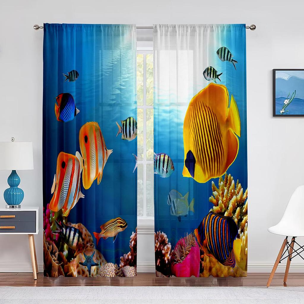 Zasłona woalowa z motywem oceanu, przezroczysta, z motywem podwodnych ryb tropikalnych, koralowców, zwierząt morskich, tiulowa zasłona okienna do sypialni, salonu