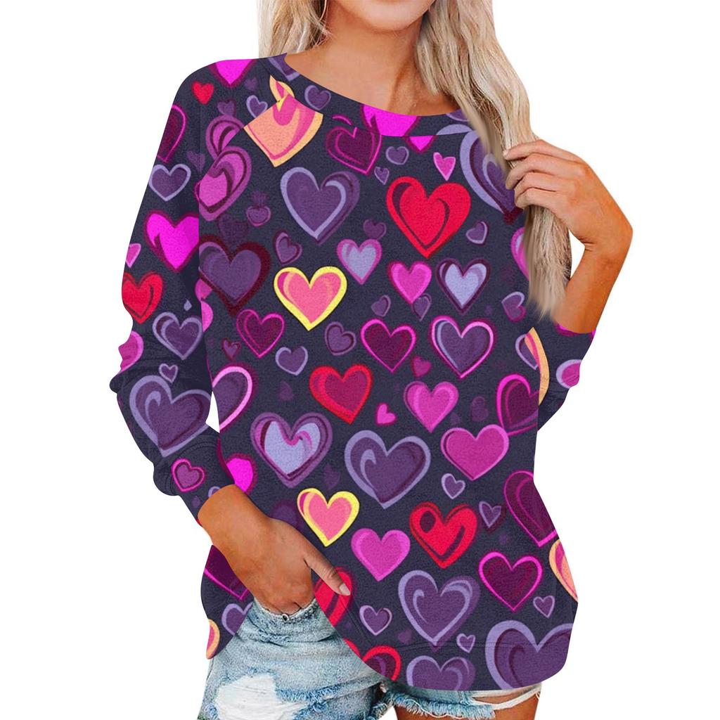 Women's Fashionable Round Neck Shoulder Long Sleeved Valentine's Day Printed Casual Pullover Top