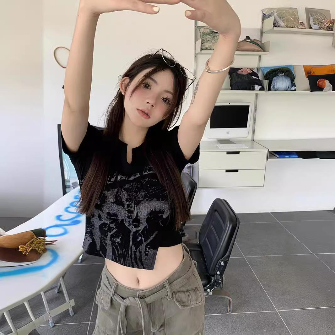 

Футболка с короткими рукавами в стиле ретро для женщин, летний асимметричный дизайн, короткая студенческая футболка для девушек 2XL