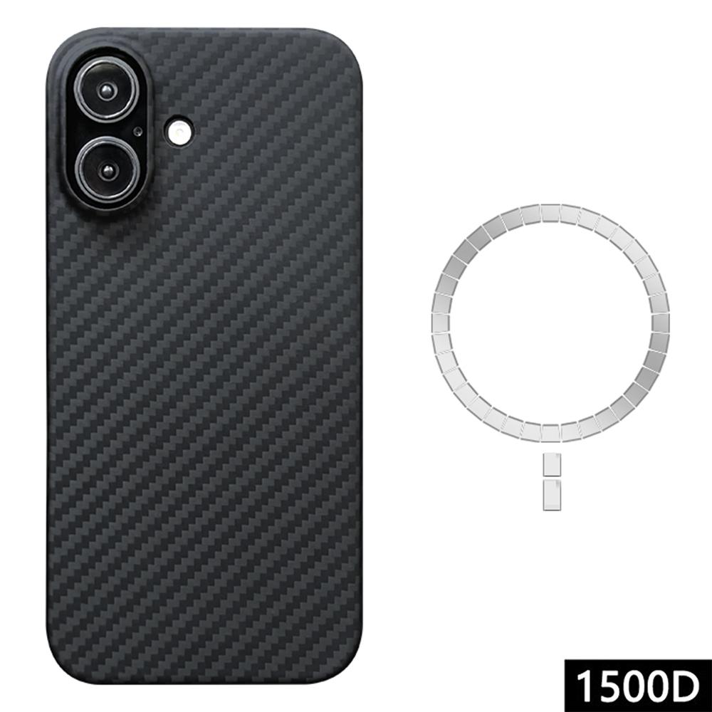 For iPhone 16 Plus Magnetic Case 1500D Coarse Texture Aramid Fiber Phone Cover (Big Lens Hole)