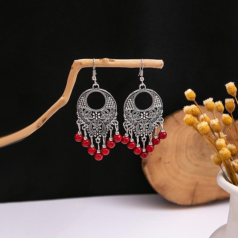 Retro Round Hollow Ethnic Style Earrings, Bohemian Style Tourist Attractions, Turquoise Fringed Earrings For Women