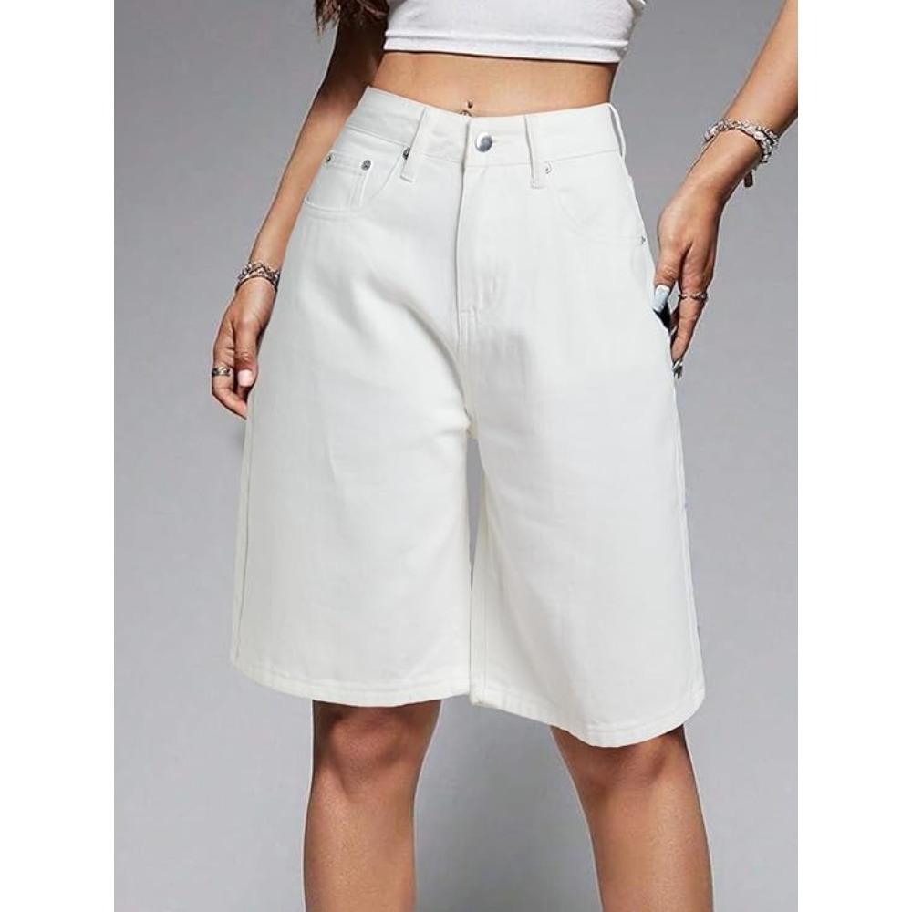 Women's Mid Rise Bermuda Shorts Loose Fit Streetwear Washed Denim Shorts Solid Color Wide Leg Jeans