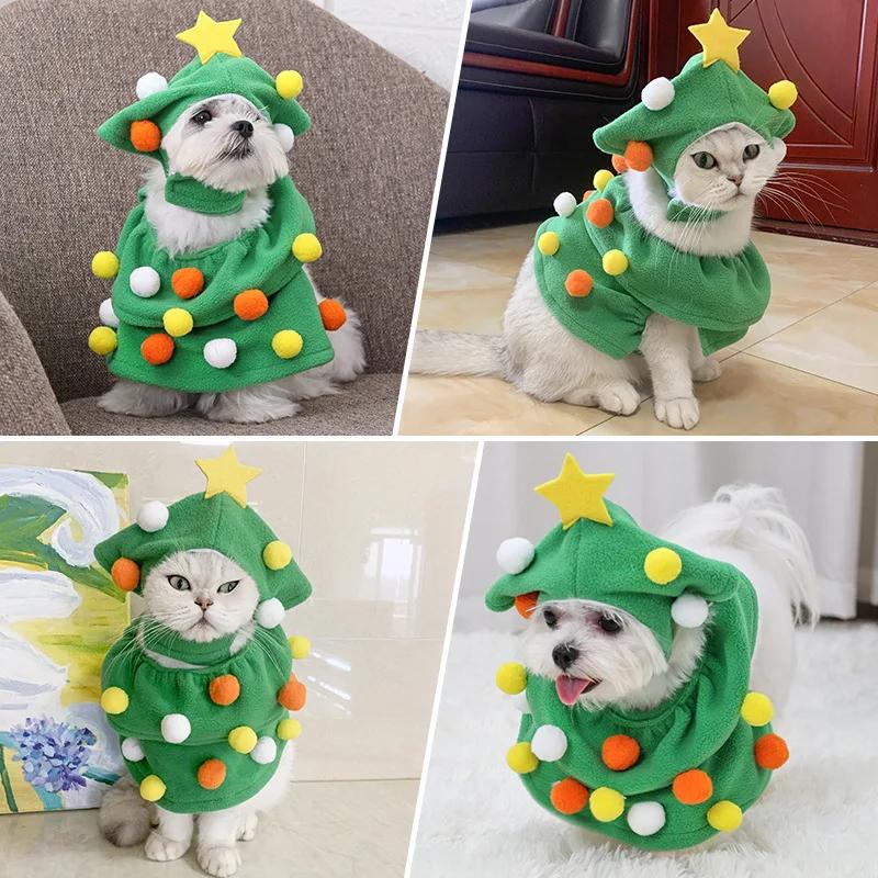 Pet Christmas Tree Clothes Transformation Clothes Funny Cat Dog Clothe Green Soft Plush Warm Belt Star Plush Ball Funny Dress Up
