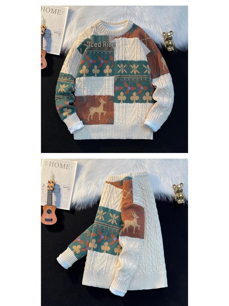 Men's Retro Patchwork Loose Knit Sweater - Winter Base Layer Outerwear