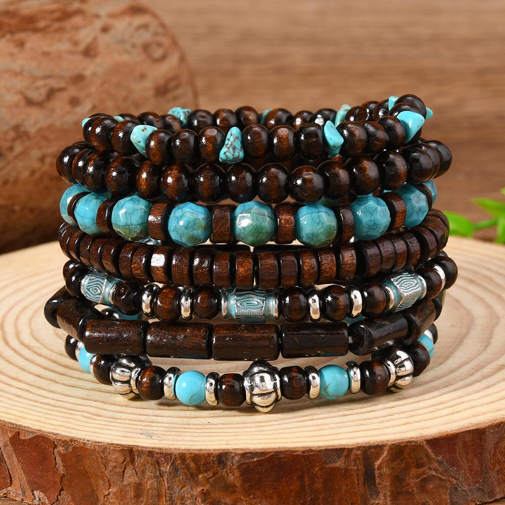 Turquoise Wood Bead Bracelet Set: 7-Piece Unisex Daily Wear Wood Bead Bracelet