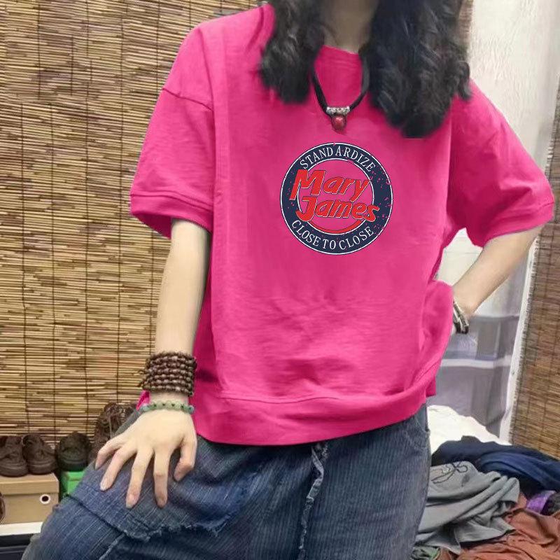 

100% Cotton Women s Casual Short Sleeve T-Shirt: New Loose Fit, Slimming, Half Sleeve, Plus Size, Printed Top, Trendy Design. S (for up to 85 jin) розы красного