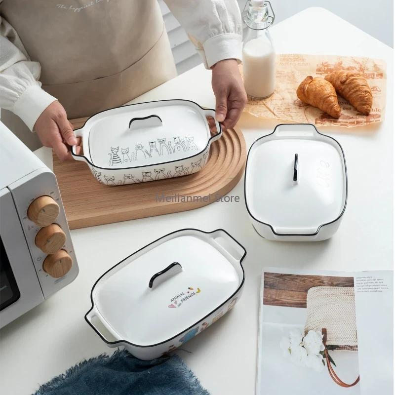 Baked Plate with Lid Cheese Baked Rice Bowl Ceramic Double Ear Baked Bowl, Microwave Oven, Oven Plate, Household Vegetable Plate