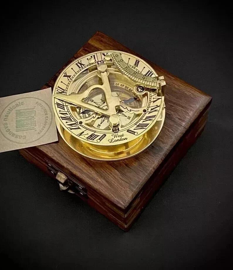 

Nautical Compass - Brass Sundial Compass with wooden Box - Christmas Gift - золотий