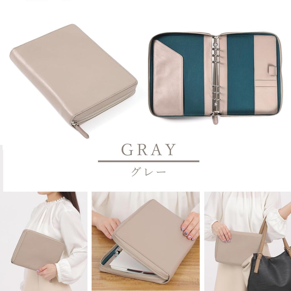 Lightex System Genuine Vegetable Monolether02z A5 Notebook, Leather, Zippered, Tanned, 6-Ring Hole, Lightweight, (Gray, Size)