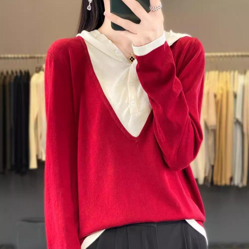 Women's Comfortable Sweater with Hooded Two New Knitted Sweater Fake Outer Wear Early Autumn Loose Pullover Hooded Color Matching