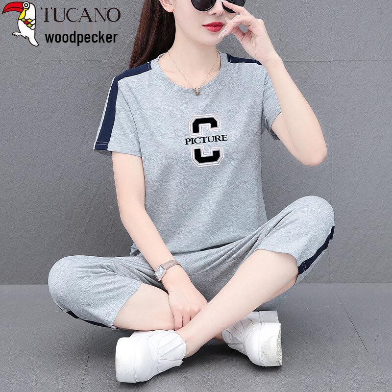 Woodpecker Women's Cotton Short Sleeve Capris Sportswear Set