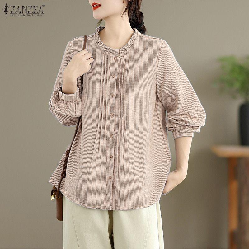ZANZEA Women Round Neck Long Sleeve Casual Stripe Blouse