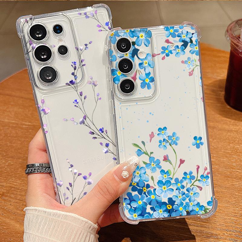 Blue Purple Flower Case For Samsung Galaxy S26 S25 S24 Ultra S23 S22 Plus S21 FE A54 A15 A25 A35 A55 A16 A26 A36 A56 A17 A37 A57 5G Clear Soft Cover