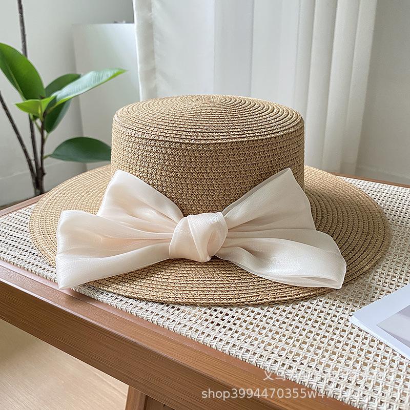 Hat Women's New Spring and Summer Straw Bow Straw Hat Versatile Flat Top Sunscreen Sun Hat Tide