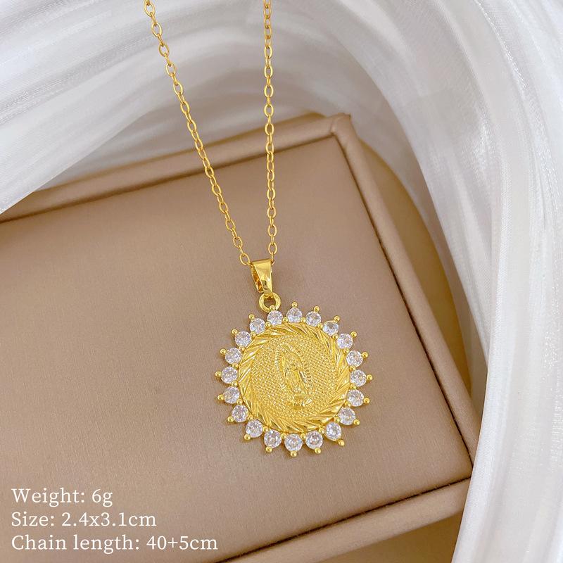 Round Spiral Portrait Light Luxury Temperament Gorgeous Full Diamond Necklace Female Versatile Collarbone Chain Titanium Steel Chain