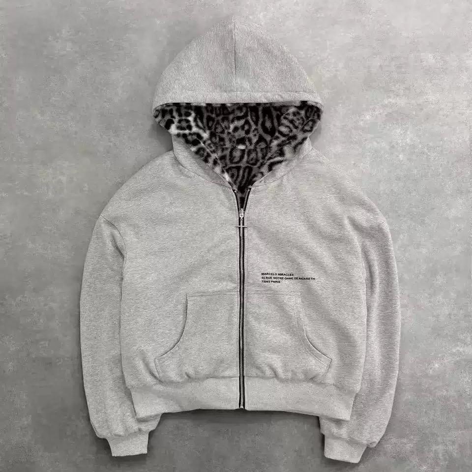 VAYLA Nuevo Sudadera con Capucha de Doble Cara para Ropa Harajuku Retro Estampado de Leopardo Moda Holgada con Cremallera Hombre Street Hip-hop Casual