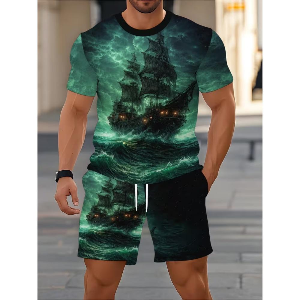 

Pirate Boat Ship 3D Print Tracksuits Men s Women Casual Short Sleeve T-Shirt Shorts Sets 2pcs Sportswear Suits Man s Clothing S