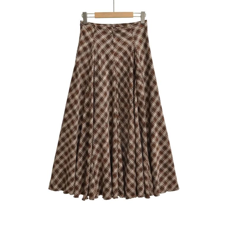 Women's High Waist Slimming A-line Brown Plaid Midi Skirt - 2025 Autumn/Winter Collection