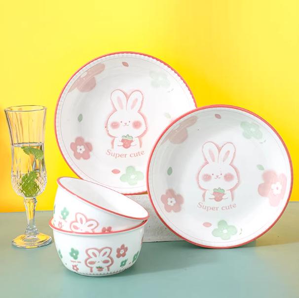 4-Piece Pink Rabbit Ceramic Tableware Set for Couples with Bowls, Plates, and Chopsticks.