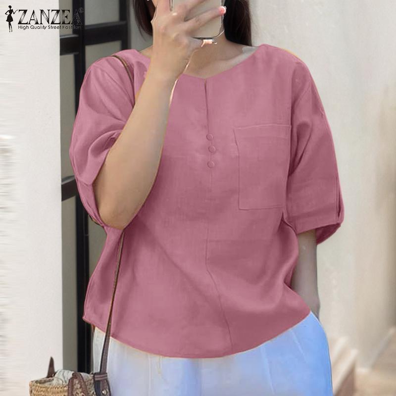 

ZANZEA Women Loose Casual Round Neck Solid Color Half Sleeve Blouse S зелёный