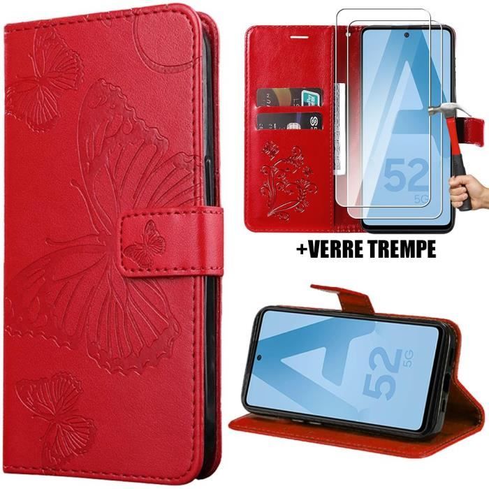 Coque + 2 Verres Trempés - BOOLING - pour Samsung Galaxy A52 4G/5G - Cuir PU Rouge - Motif Papillon