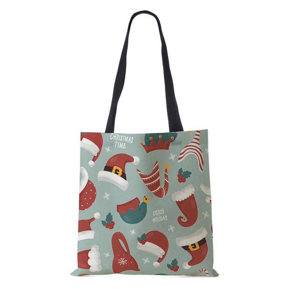 Christmas Santa Sock Print Shopping Bags Folding Reusable Customize Tote Shoulder Bag Groceries Canvas Handbags For Women Lady KTY