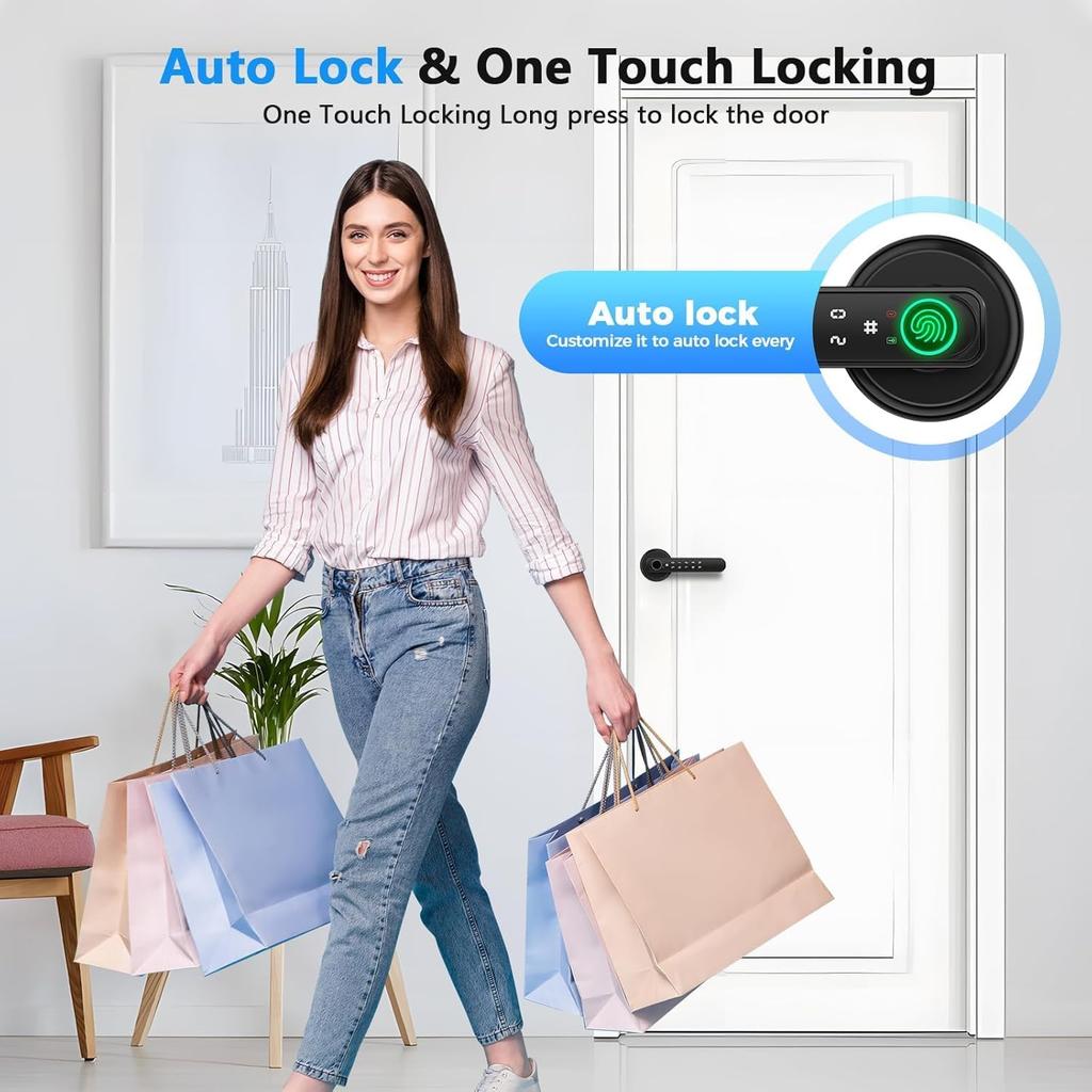 Fingerprint Door Lock, Smart Door knob, Biometric Door Lock, Bedroom Door knob with Code and App, Keypad Keyless Entry with Handle for Home Hotel