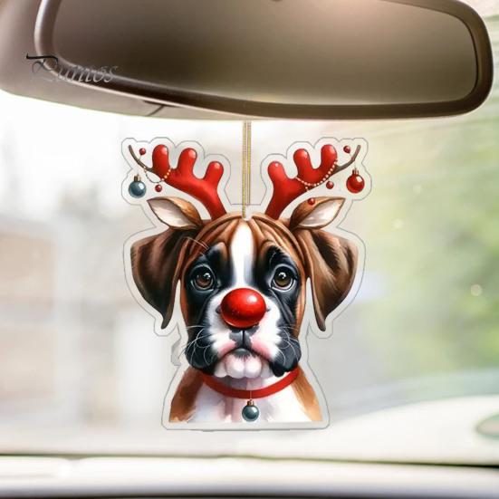 Ciondolo per auto a forma di cane con fiore in acrilico, 8 cm, facile da appendere, con corda, doppia faccia, visuali digitali 2D, decorazione da appendere per una visione realistica dell'albero di Natale dell'auto.