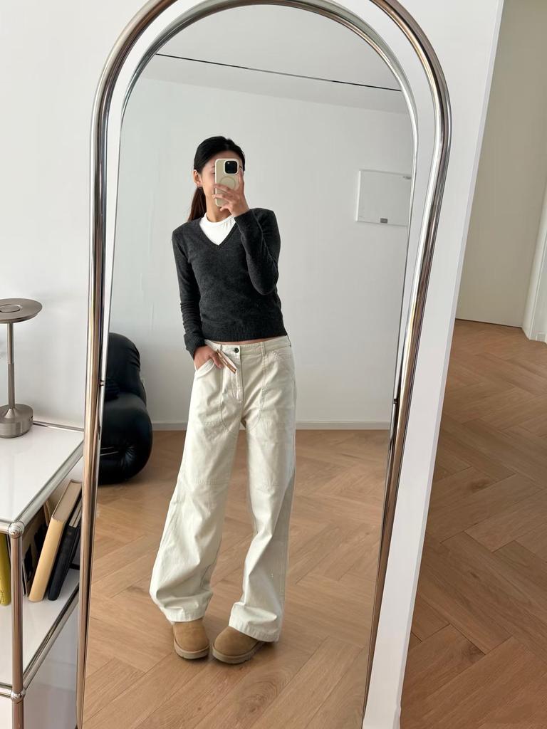 Cotton Slim High Waist Wide-Leg Washed Retro Overalls in Off-White