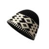 Women Retro Knitted Hat Winter Warm Rhombus Pattern Hat Big Head Sized No Brim Hat for Daily Outings Parties Dating