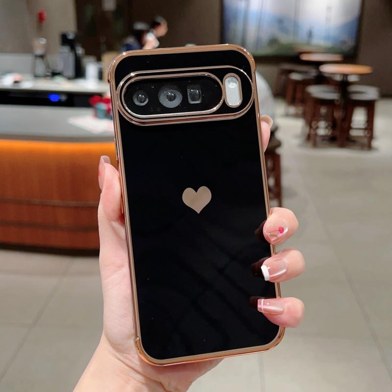 Trendy Glossy Plating Love Heart Soft TPU Case For Google Pixel 10A 10 9 Pro XL 8 7 A Skin-friendly Shockproof Bumper Back Cover
