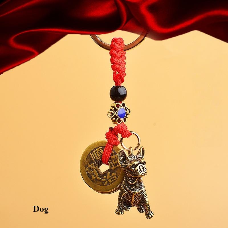 Pure Brass 12 Zodiac Keychain Pendant Five Emperors Money Lucky Key Ring Accessories Creative 3D Birth Year Women Men Bag Pendant New Year's Day Gifts