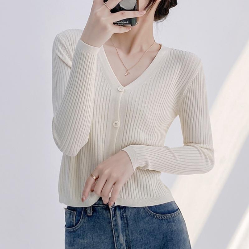 Outer knitted cardigan women's spring and autumn long-sleeved thin 1116 new high-waisted short V-neck slim-fit sweater jacket