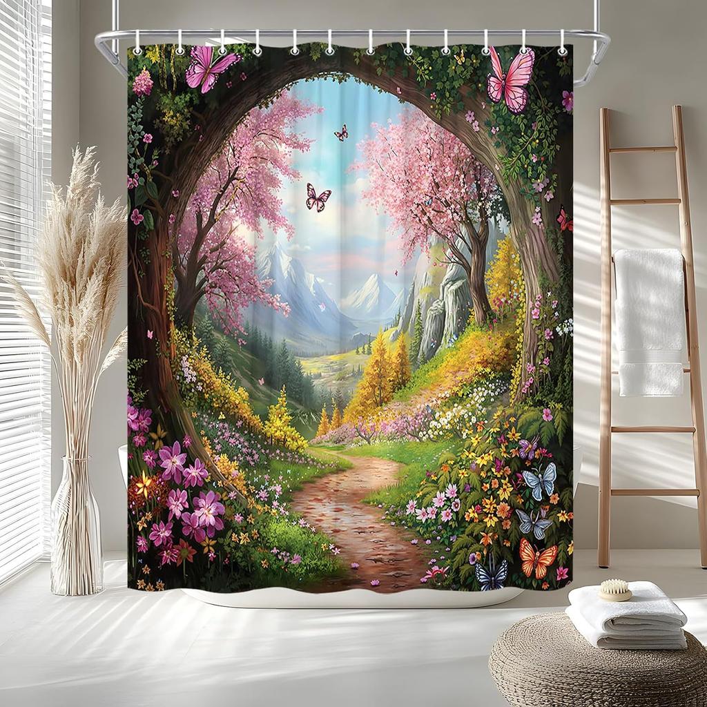 Enchanted Forest Shower Curtain Cherry Blossom Butterfly Jungle Mountain Nature Spring Scenic Garden Wonderland Fairy Tale