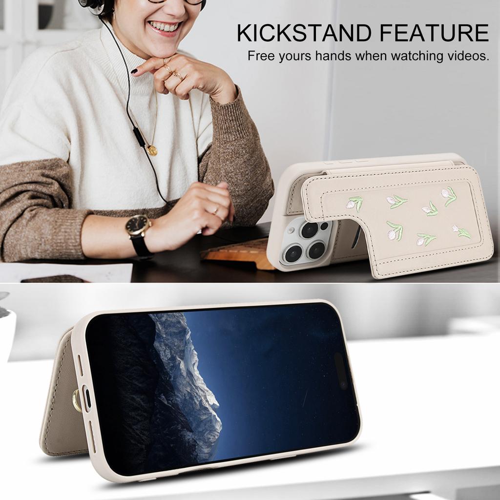 For iPhone 16 Pro Max Case Embroidered Tulips PU Leather Card Holder Back Cover with Shoulder Strap/Wrist Strap
