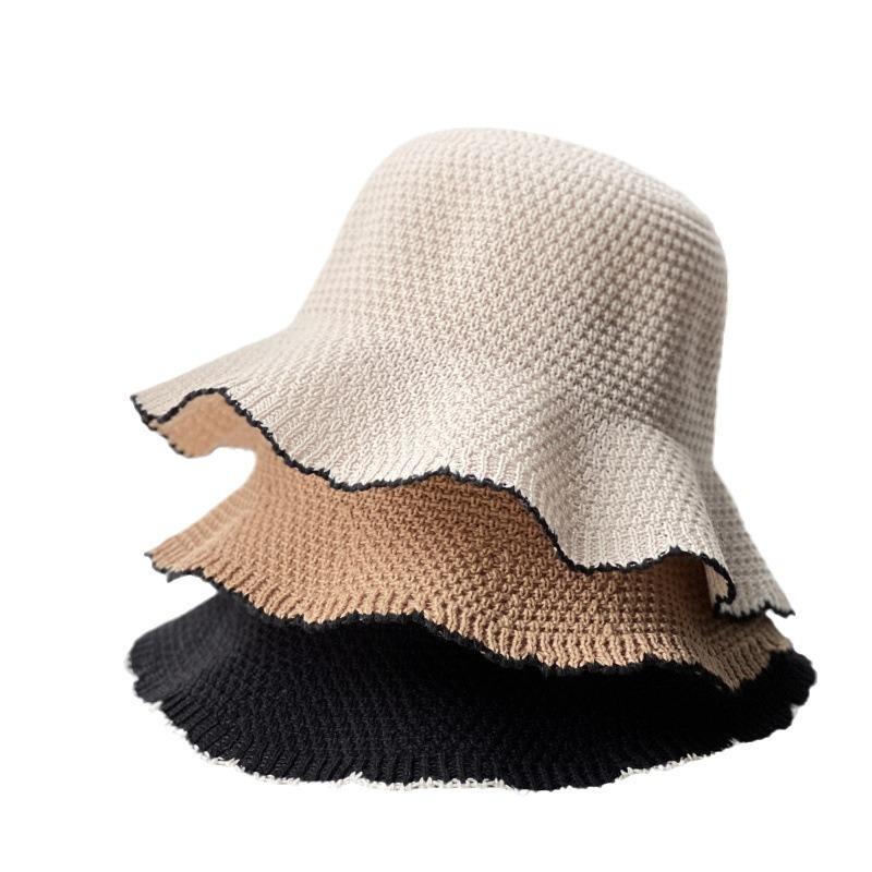 New Xiaoxiangfeng wavy eaves bucket hat women's temperament woven foldable breathable sunshade sunscreen bucket basin hat