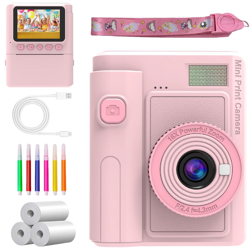 New HD 1080P Kids Print Camera Thermal Paper Instant Print Retro Anytime Photo Video Color Instant Photo Camera Dual Camera