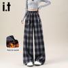 Izzueit Women's Fleece-Lined High-Waist Plaid Wide-Leg Pants
