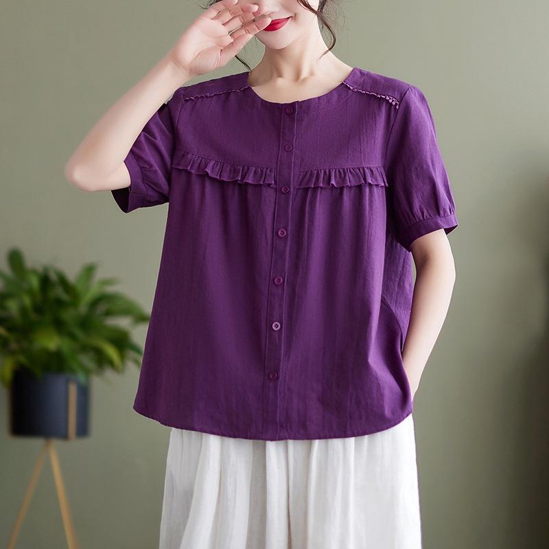 

2025 лето новая однотонная хлопково-льняная рубашка женская свободная и тонкая, омолаживающая, большого размера, с круглым вырезом, с коротким рукавом, кардиган-топ M фиолетовый