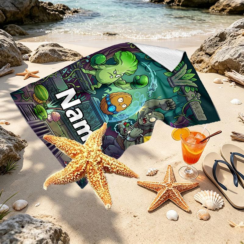 Custom Name Personalized Plants VS Zombies Print Beach Towel, for Trip Camping Beach Party Home Decor, Birthday Gift for Family & Friends