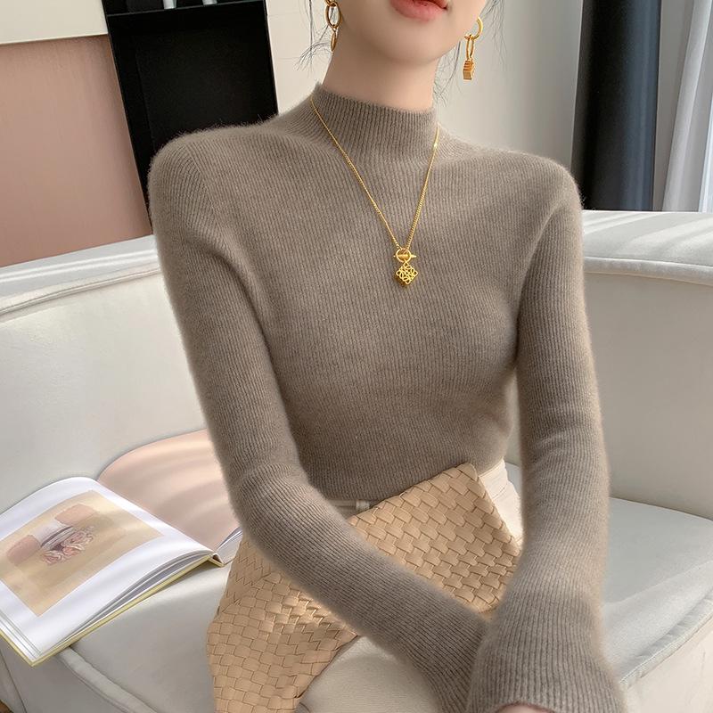 Women's Seamless Cashmere Knit Slimming Sweater - Long Sleeve, Half-High Neck, Tight-Fit, Autumn/Winter Base Layer